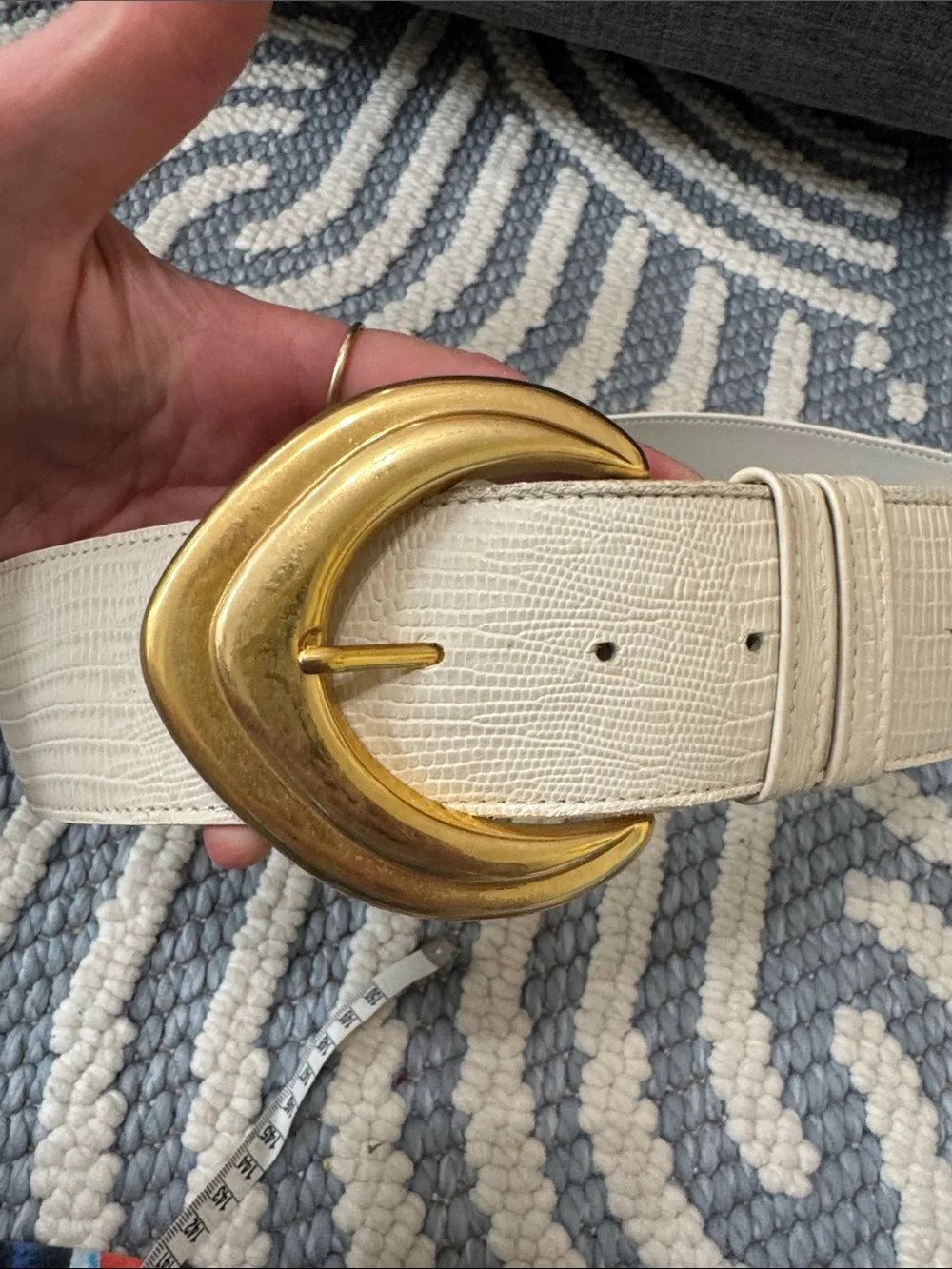 Vintage 80s 90s White Genuine Leather Belt Gold Statement Buckle Made in USA
